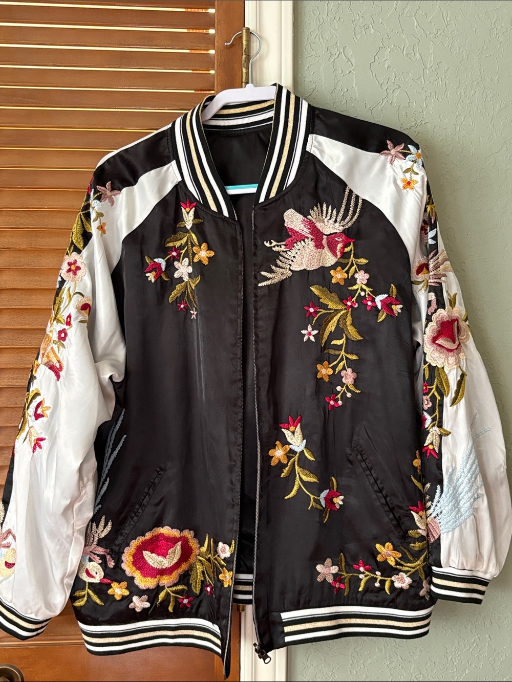 Johnny Was Black and White Floral Embroidered Bomber Jacket